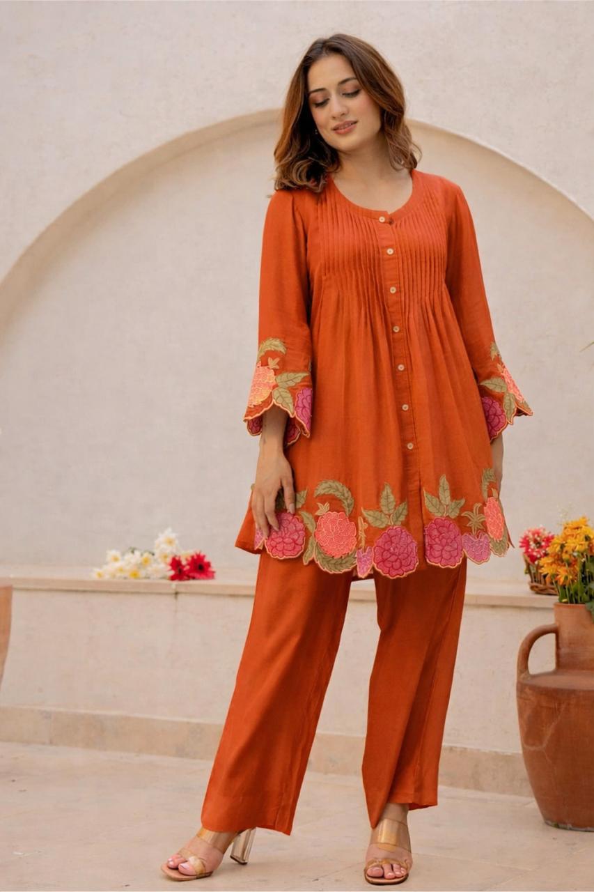 Floral Hem Embroidered Cotton Co-ord Set
