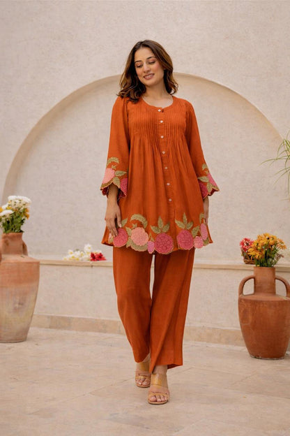 Floral Hem Embroidered Cotton Co-ord Set