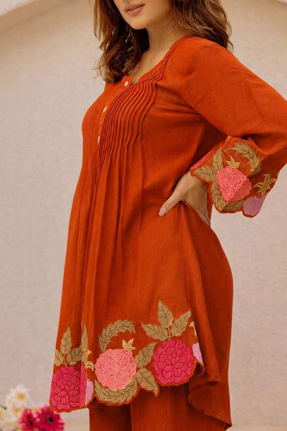 Floral Hem Embroidered Cotton Co-ord Set