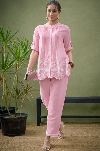 Lace Hem Embroidered Cotton Co-ord Set