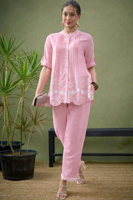 Lace Hem Embroidered Cotton Co-ord Set
