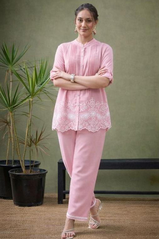 Lace Hem Embroidered Cotton Co-ord Set