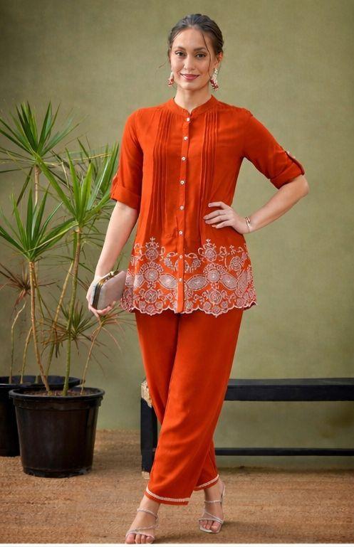 Lace Hem Embroidered Cotton Co-ord Set