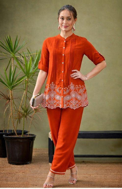 Lace Hem Embroidered Cotton Co-ord Set