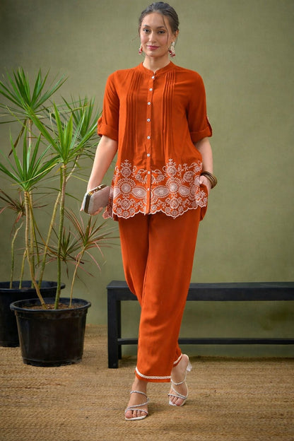 Lace Hem Embroidered Cotton Co-ord Set