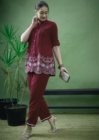 Lace Hem Embroidered Cotton Co-ord Set