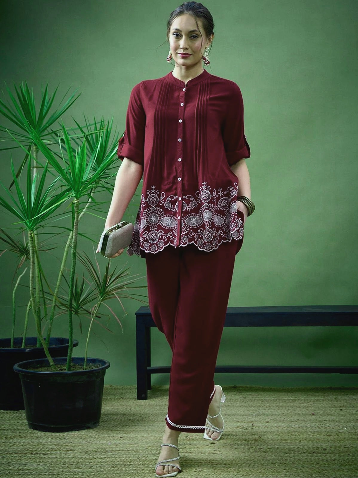 Lace Hem Embroidered Cotton Co-ord Set