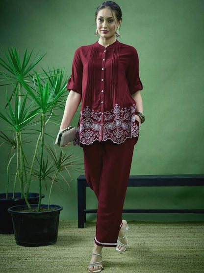 Lace Hem Embroidered Cotton Co-ord Set
