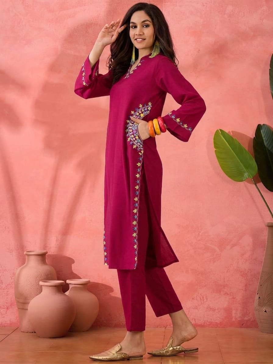 Floral Thread Embroidered Cotton Kurta Set