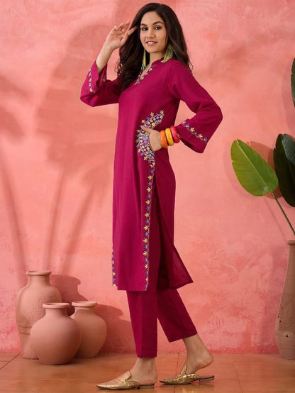 Floral Thread Embroidered Cotton Kurta Set