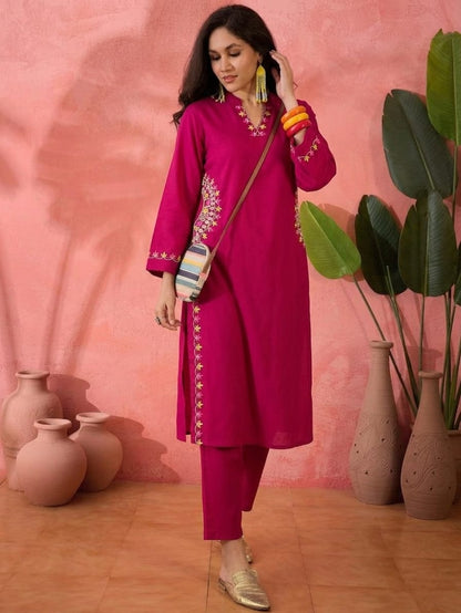 Floral Thread Embroidered Cotton Kurta Set