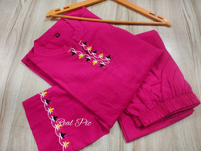 Floral Thread Embroidered Cotton Kurta Set
