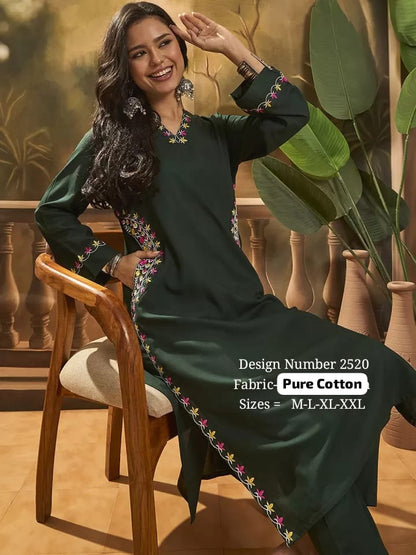 Floral Thread Embroidered Cotton Kurta Set
