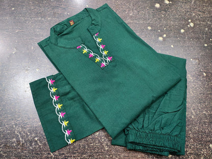 Floral Thread Embroidered Cotton Kurta Set