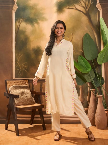 Floral Thread Embroidered Cotton Kurta Set