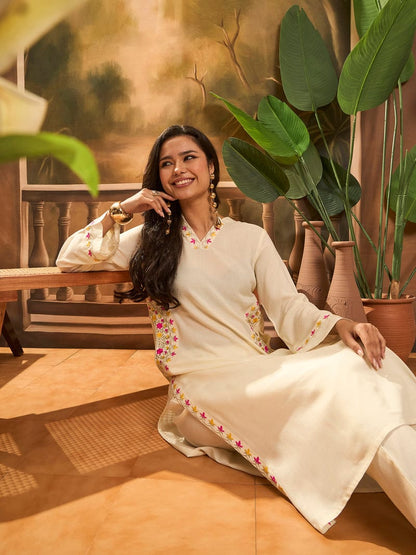 Floral Thread Embroidered Cotton Kurta Set