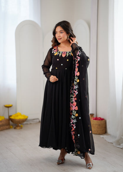 Noor Luxe Embroidered Faux Georgette Gown Set with Dupatta
