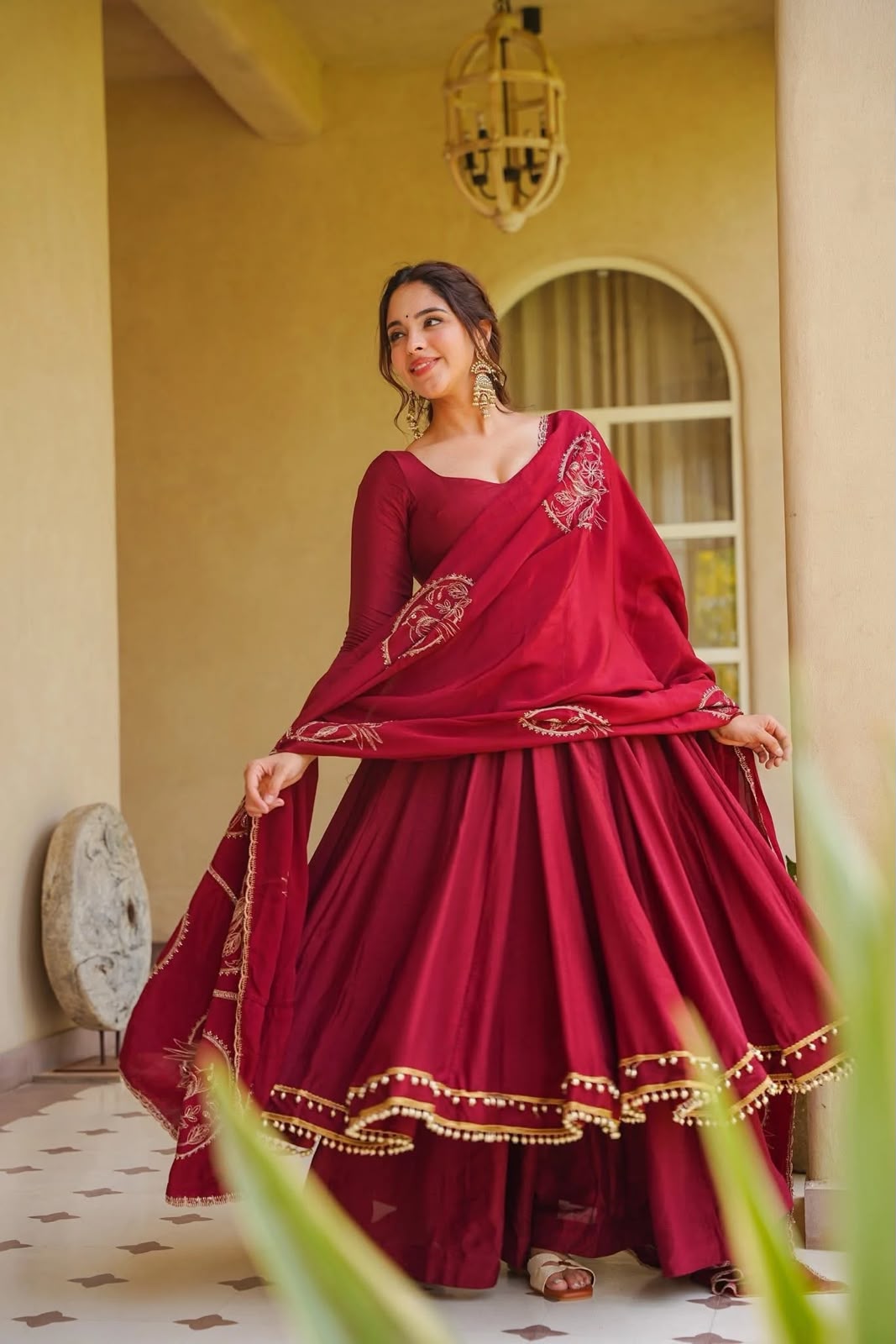 Ruby Royale Roman Silk Anarkali Suit Set