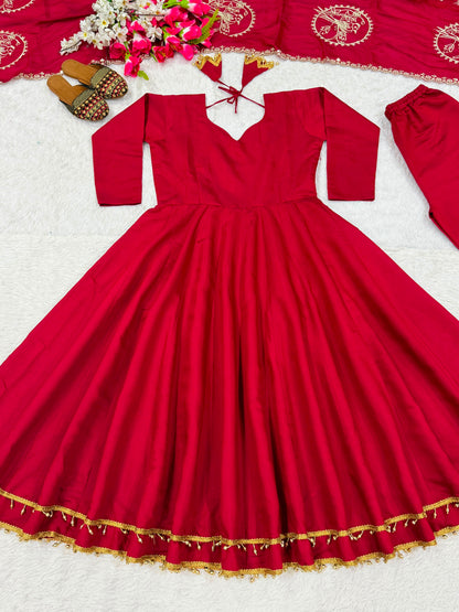 Ruby Royale Roman Silk Anarkali Suit Set