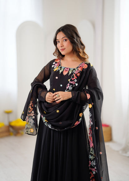 Noor Luxe Embroidered Faux Georgette Gown Set with Dupatta