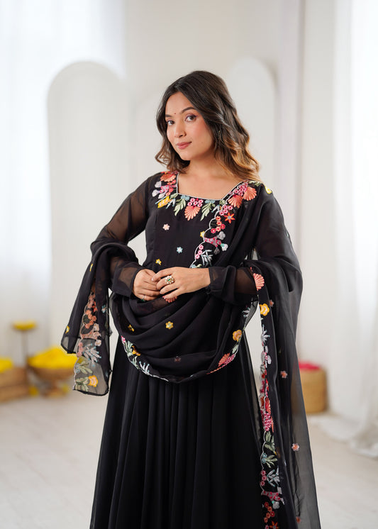 Noor Luxe Embroidered Faux Georgette Gown Set with Dupatta
