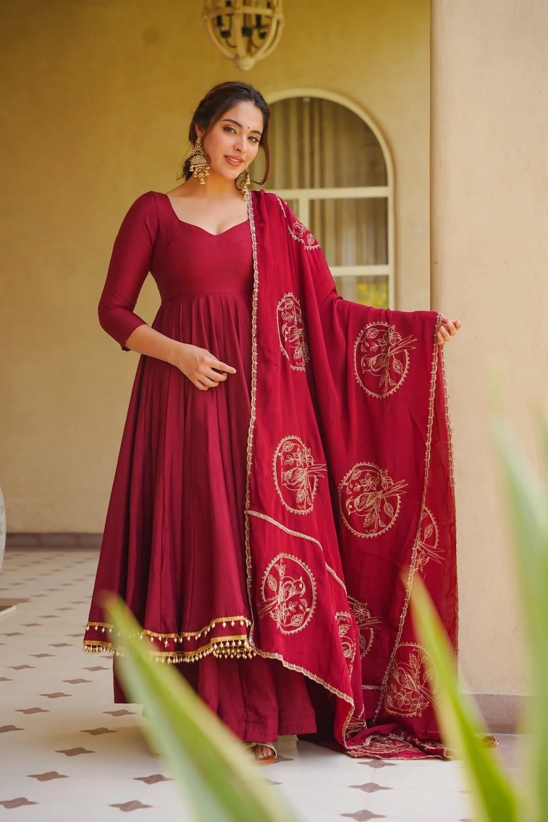Ruby Royale Roman Silk Anarkali Suit Set