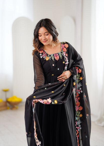 Noor Luxe Embroidered Faux Georgette Gown Set with Dupatta