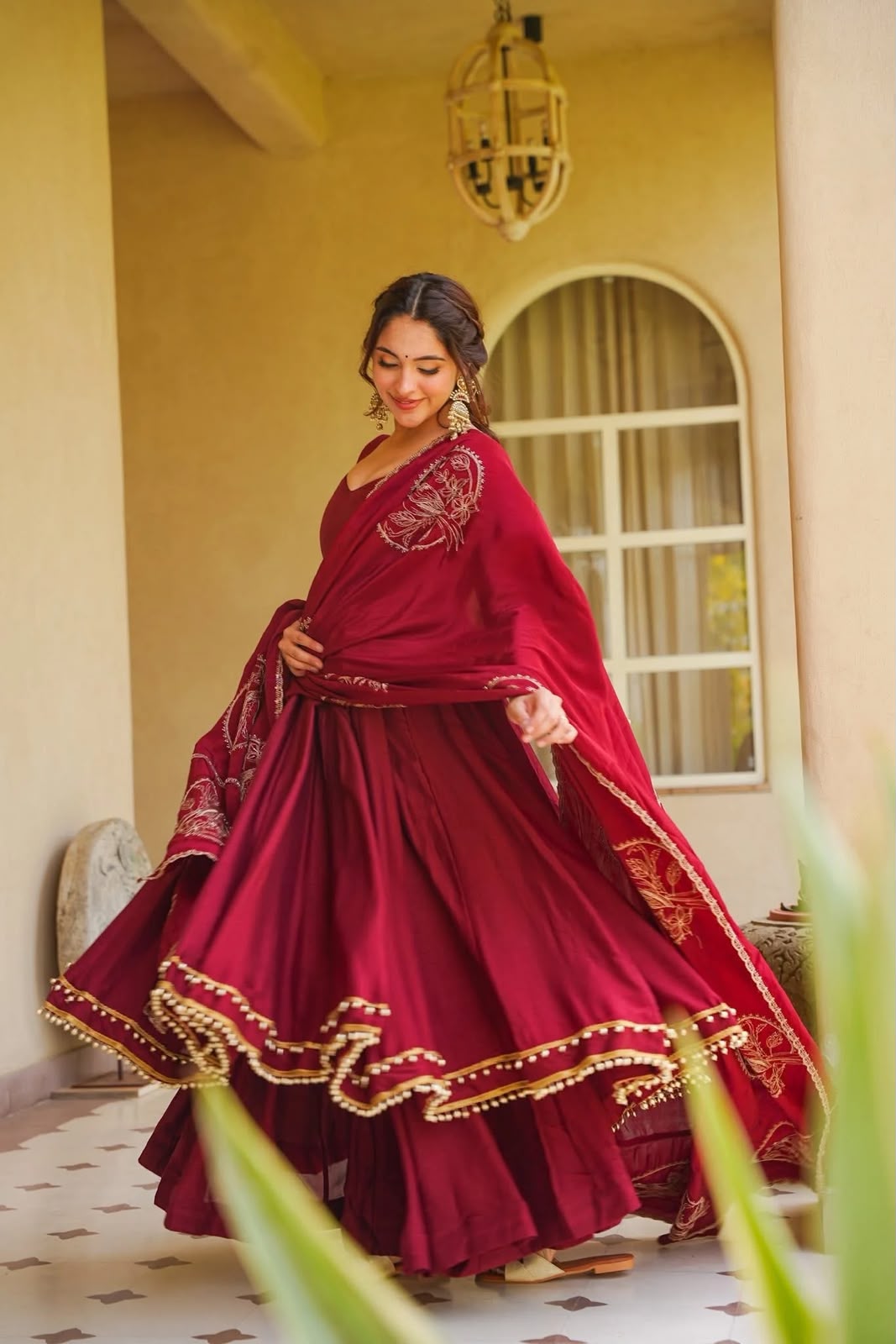 Ruby Royale Roman Silk Anarkali Suit Set